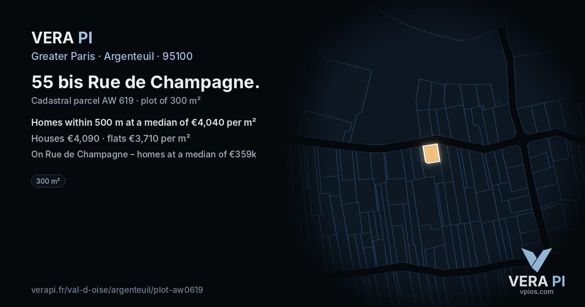 55 bis Rue de Champagne, Argenteuil at night – the plot lit, the parcels around coloured by the prices near them
