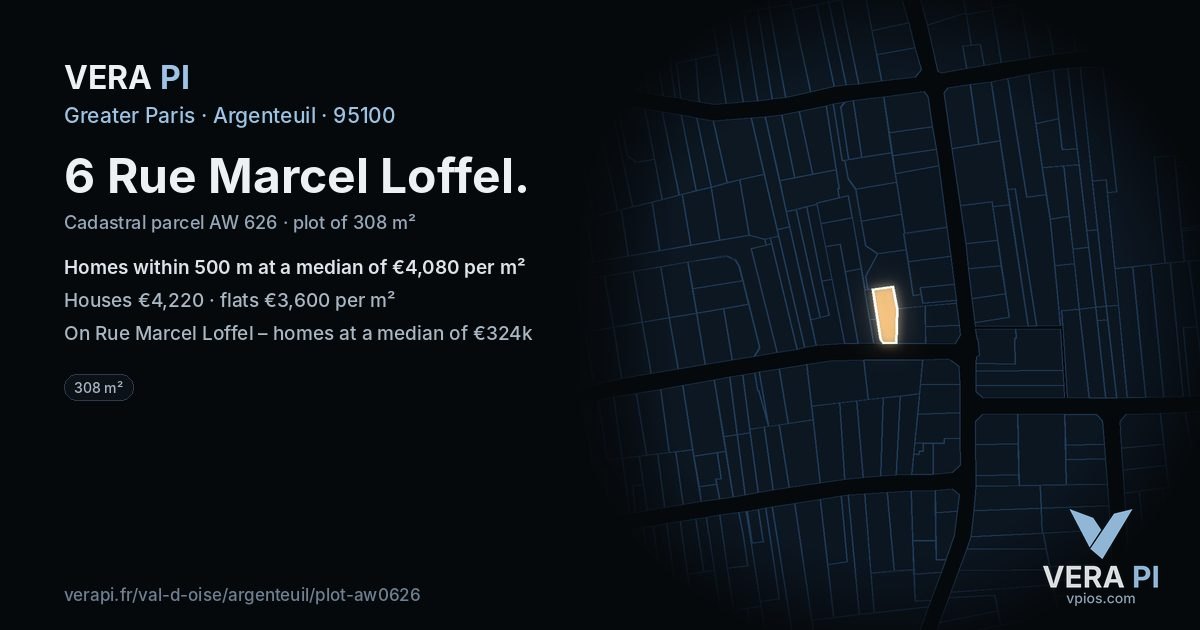 6 Rue Marcel Loffel, Argenteuil at night – the plot lit, the parcels around coloured by the prices near them