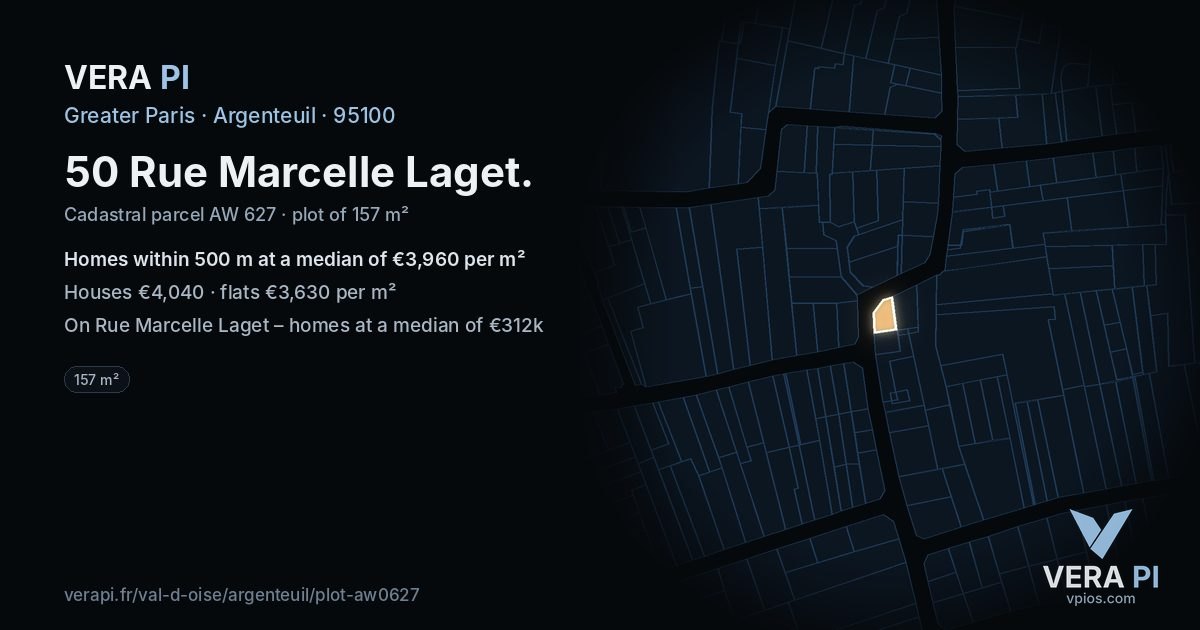 50 Rue Marcelle Laget, Argenteuil at night – the plot lit, the parcels around coloured by the prices near them