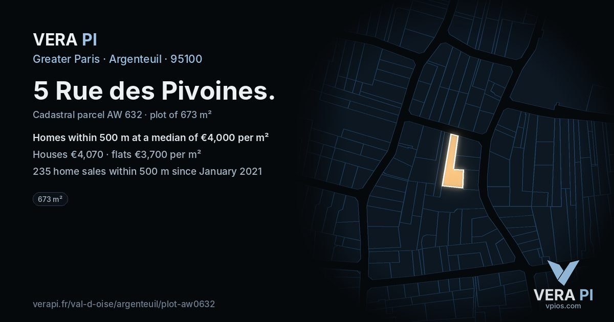 5 Rue des Pivoines, Argenteuil at night – the plot lit, the parcels around coloured by the prices near them