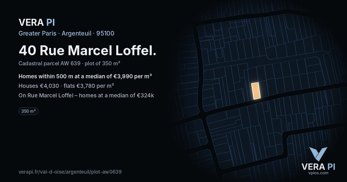 40 Rue Marcel Loffel, Argenteuil at night – the plot lit, the parcels around coloured by the prices near them