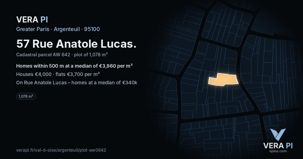 57 Rue Anatole Lucas, Argenteuil at night – the plot lit, the parcels around coloured by the prices near them