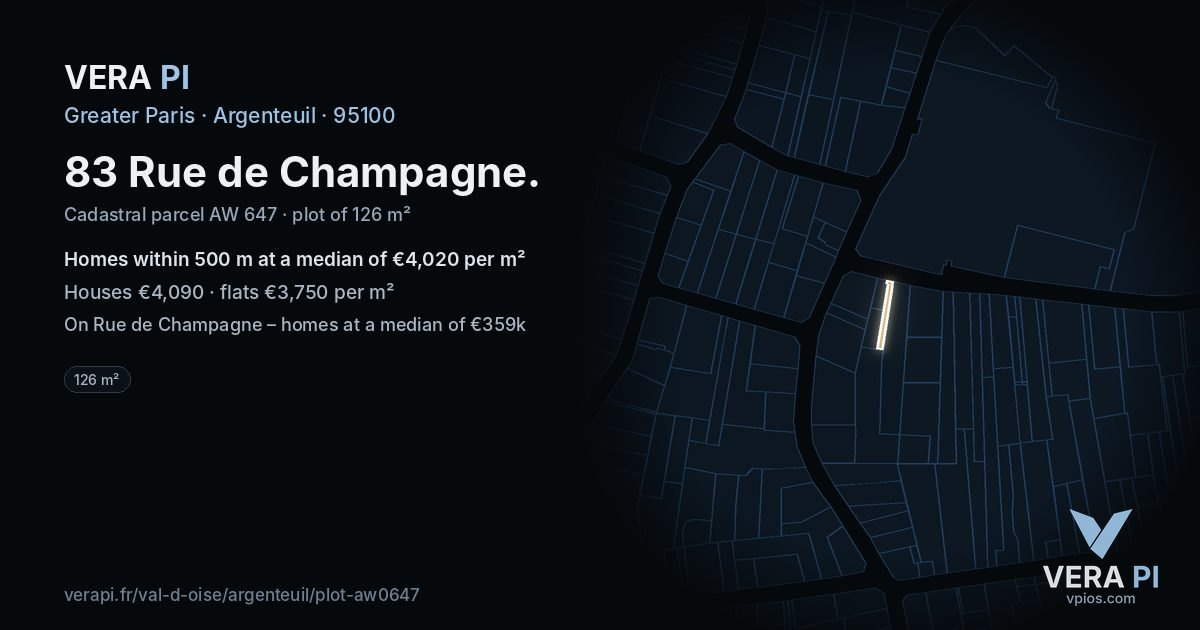 83 Rue de Champagne, Argenteuil at night – the plot lit, the parcels around coloured by the prices near them
