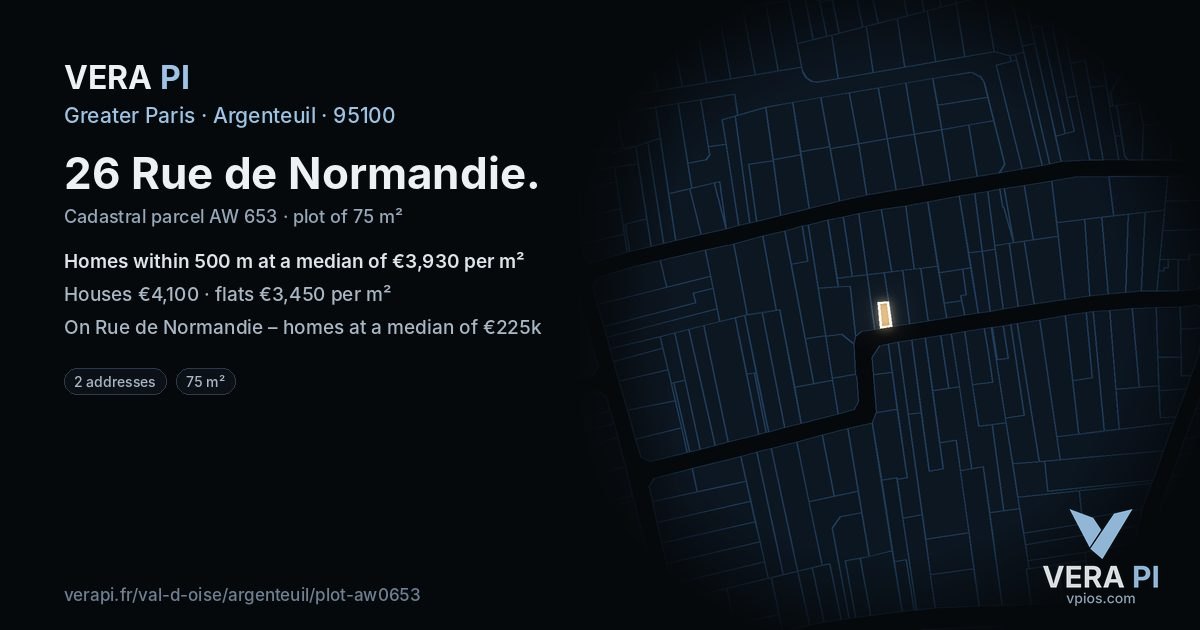 26 Rue de Normandie, Argenteuil at night – the plot lit, the parcels around coloured by the prices near them