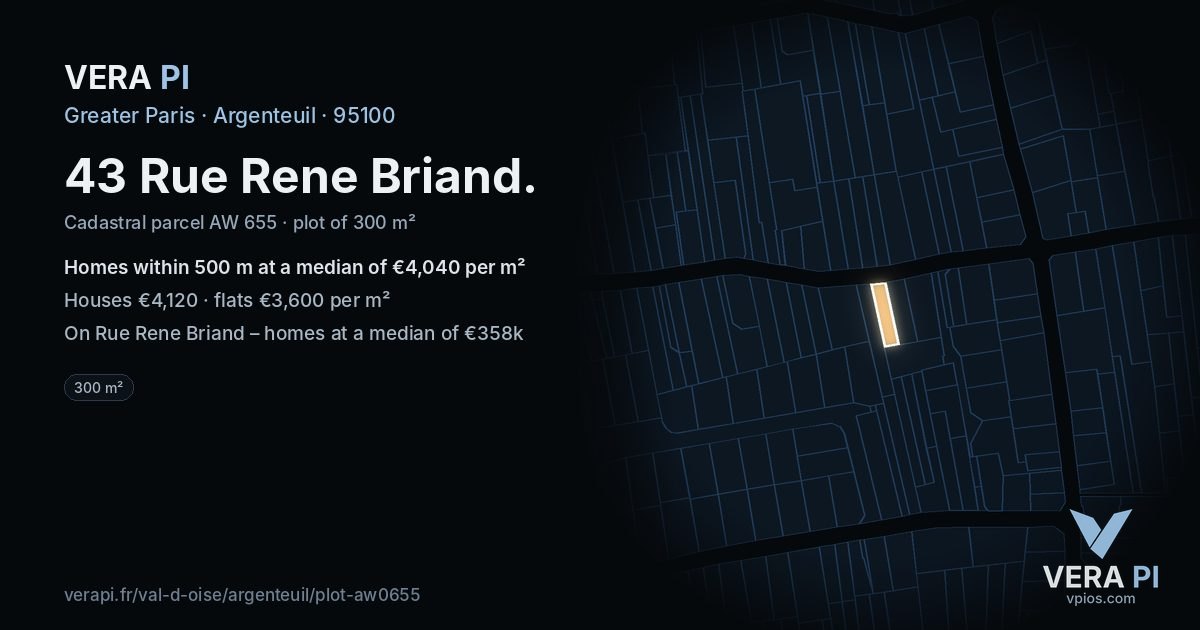 43 Rue Rene Briand, Argenteuil at night – the plot lit, the parcels around coloured by the prices near them