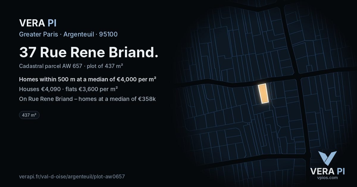 37 Rue Rene Briand, Argenteuil at night – the plot lit, the parcels around coloured by the prices near them