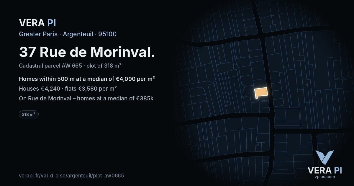 37 Rue de Morinval, Argenteuil at night – the plot lit, the parcels around coloured by the prices near them