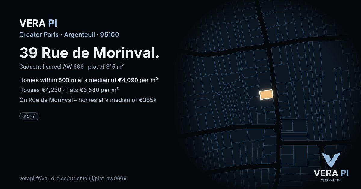 39 Rue de Morinval, Argenteuil at night – the plot lit, the parcels around coloured by the prices near them