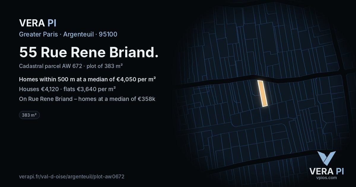 55 Rue Rene Briand, Argenteuil at night – the plot lit, the parcels around coloured by the prices near them