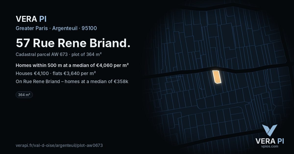 57 Rue Rene Briand, Argenteuil at night – the plot lit, the parcels around coloured by the prices near them