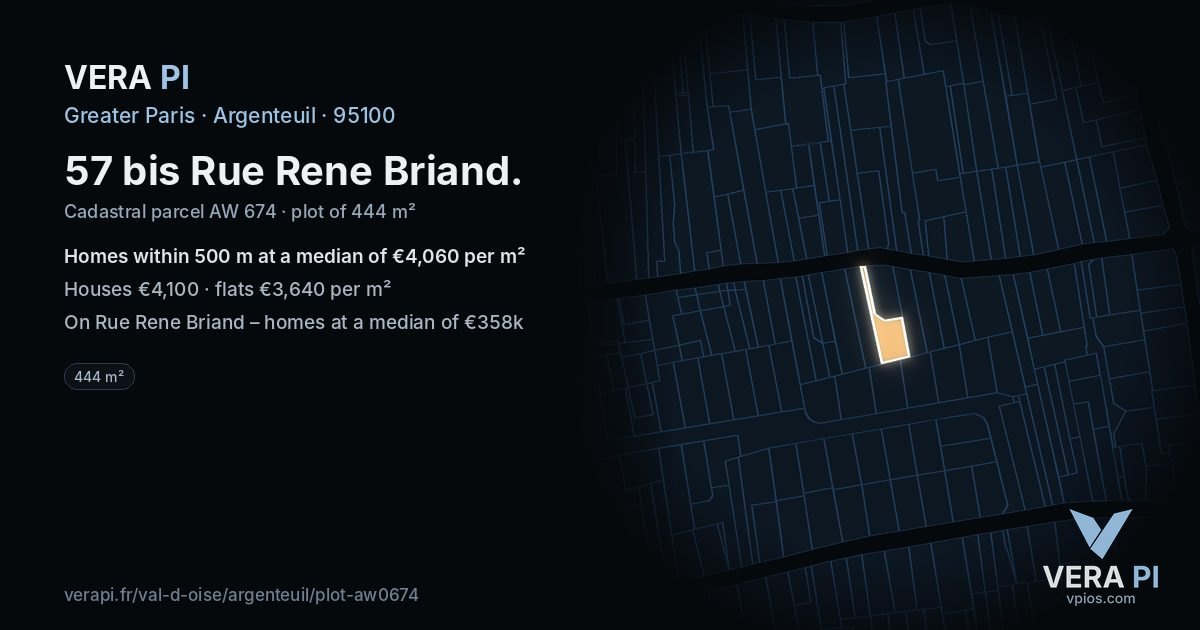 57 bis Rue Rene Briand, Argenteuil at night – the plot lit, the parcels around coloured by the prices near them