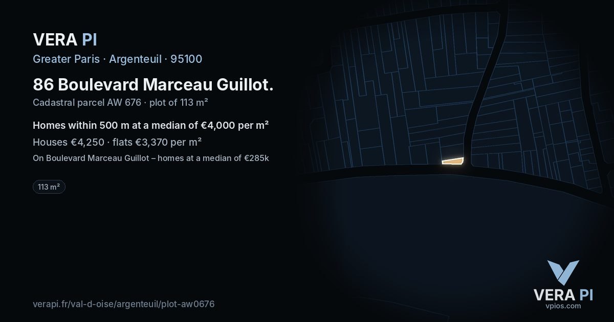 86 Boulevard Marceau Guillot, Argenteuil at night – the plot lit, the parcels around coloured by the prices near them