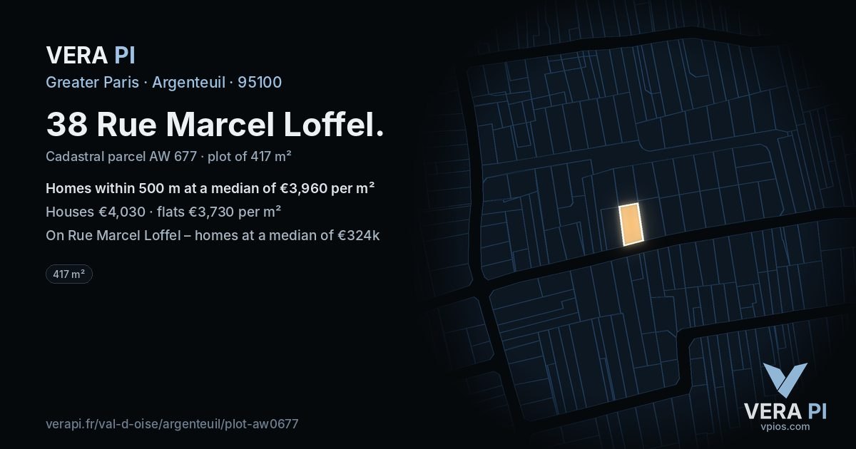 38 Rue Marcel Loffel, Argenteuil at night – the plot lit, the parcels around coloured by the prices near them