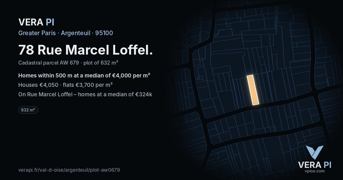 78 Rue Marcel Loffel, Argenteuil at night – the plot lit, the parcels around coloured by the prices near them