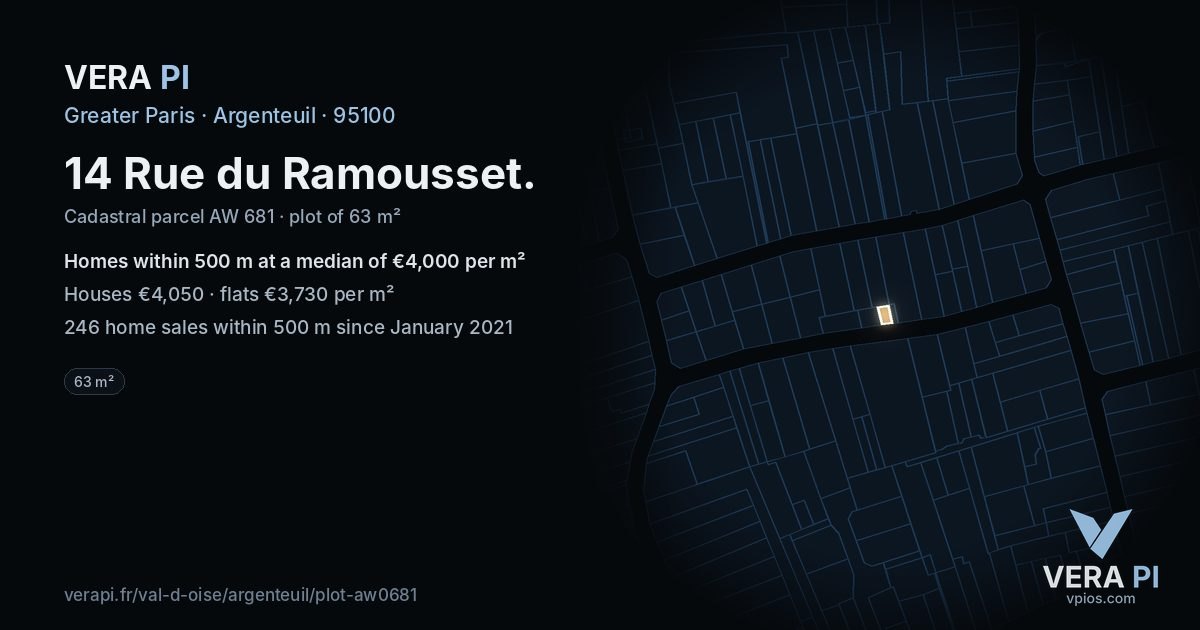 14 Rue du Ramousset, Argenteuil at night – the plot lit, the parcels around coloured by the prices near them