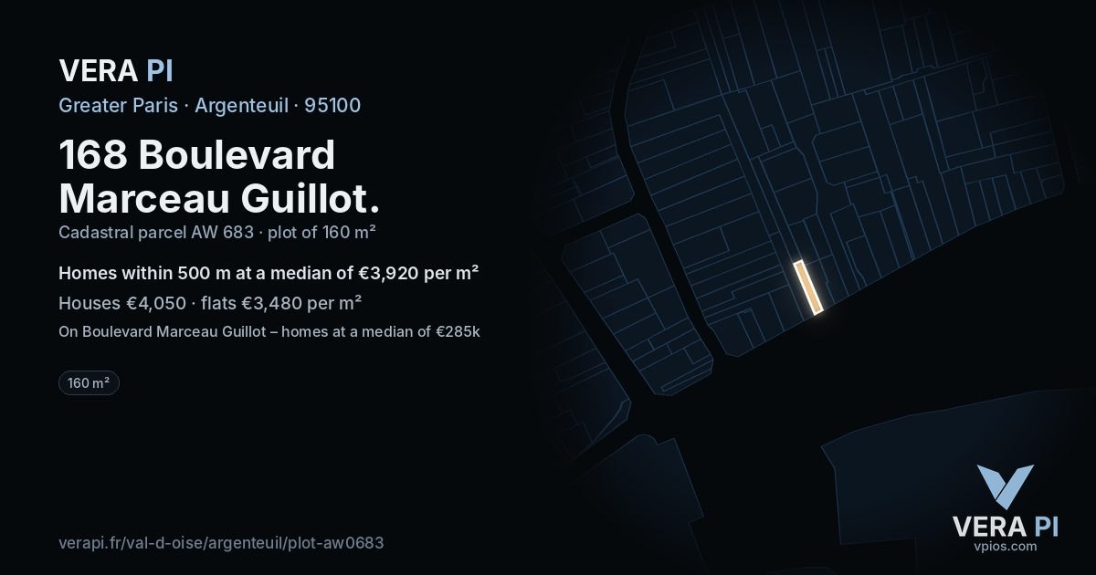 168 Boulevard Marceau Guillot, Argenteuil at night – the plot lit, the parcels around coloured by the prices near them