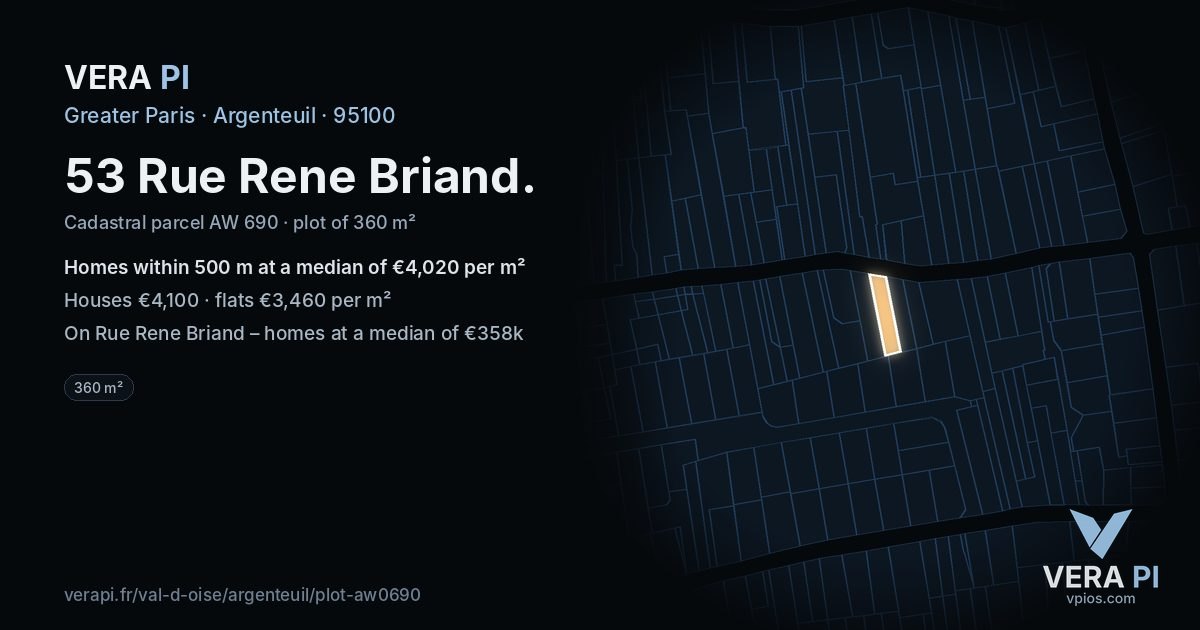 53 Rue Rene Briand, Argenteuil at night – the plot lit, the parcels around coloured by the prices near them