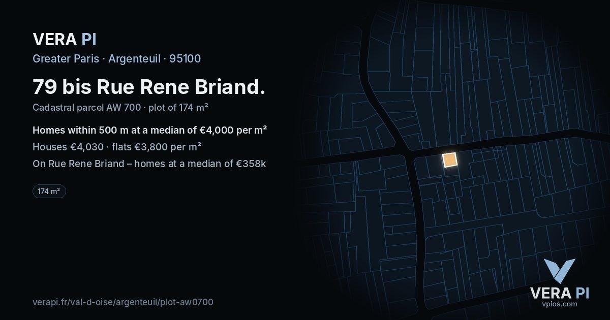 79 bis Rue Rene Briand, Argenteuil at night – the plot lit, the parcels around coloured by the prices near them