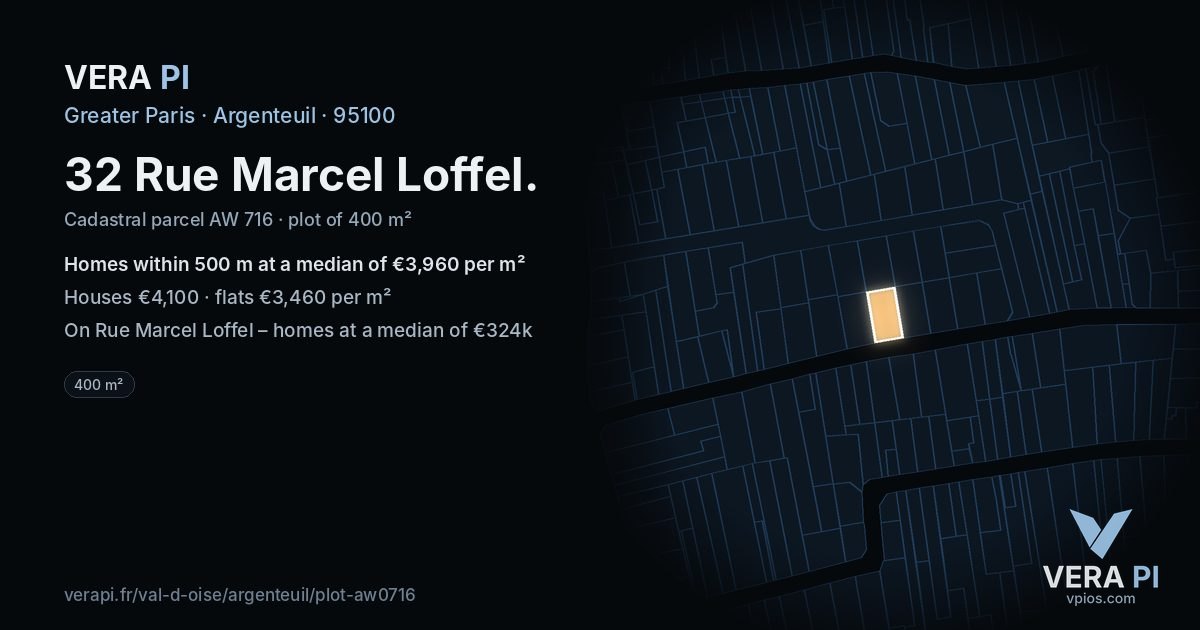 32 Rue Marcel Loffel, Argenteuil at night – the plot lit, the parcels around coloured by the prices near them