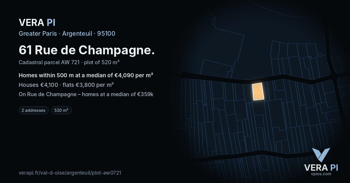 61 Rue de Champagne, Argenteuil at night – the plot lit, the parcels around coloured by the prices near them