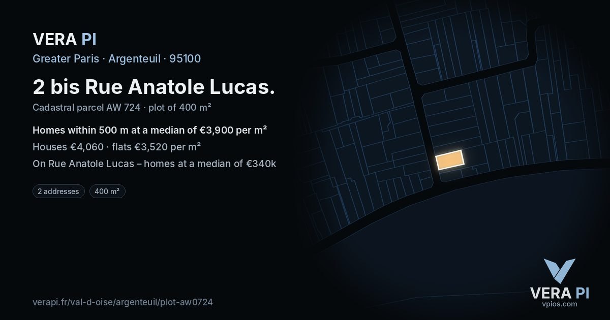 2 bis Rue Anatole Lucas, Argenteuil at night – the plot lit, the parcels around coloured by the prices near them