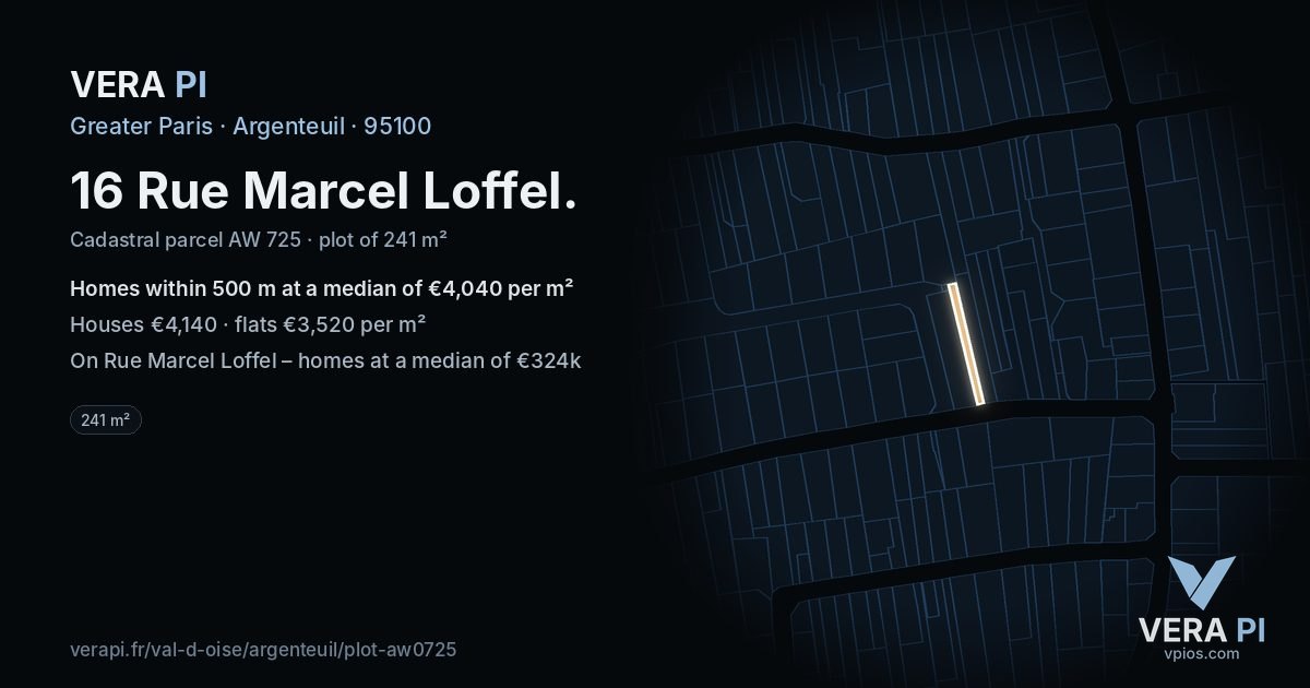 16 Rue Marcel Loffel, Argenteuil at night – the plot lit, the parcels around coloured by the prices near them