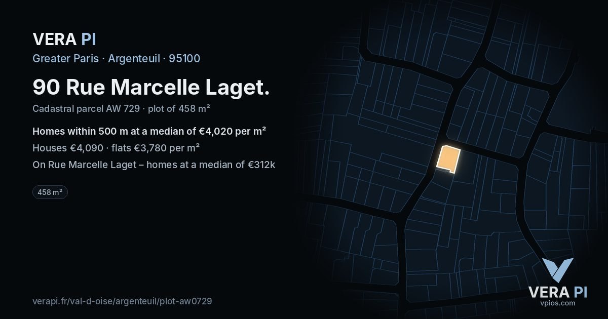 90 Rue Marcelle Laget, Argenteuil at night – the plot lit, the parcels around coloured by the prices near them