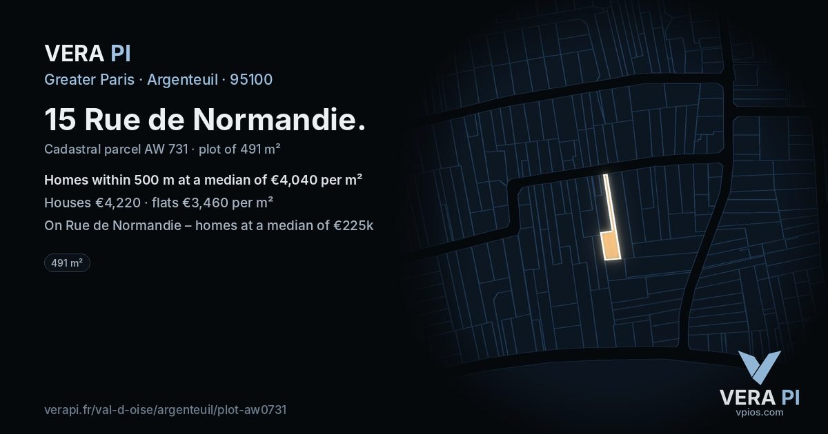 15 Rue de Normandie, Argenteuil at night – the plot lit, the parcels around coloured by the prices near them
