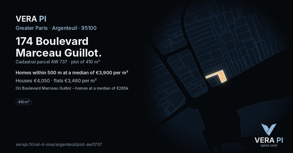 174 Boulevard Marceau Guillot, Argenteuil at night – the plot lit, the parcels around coloured by the prices near them