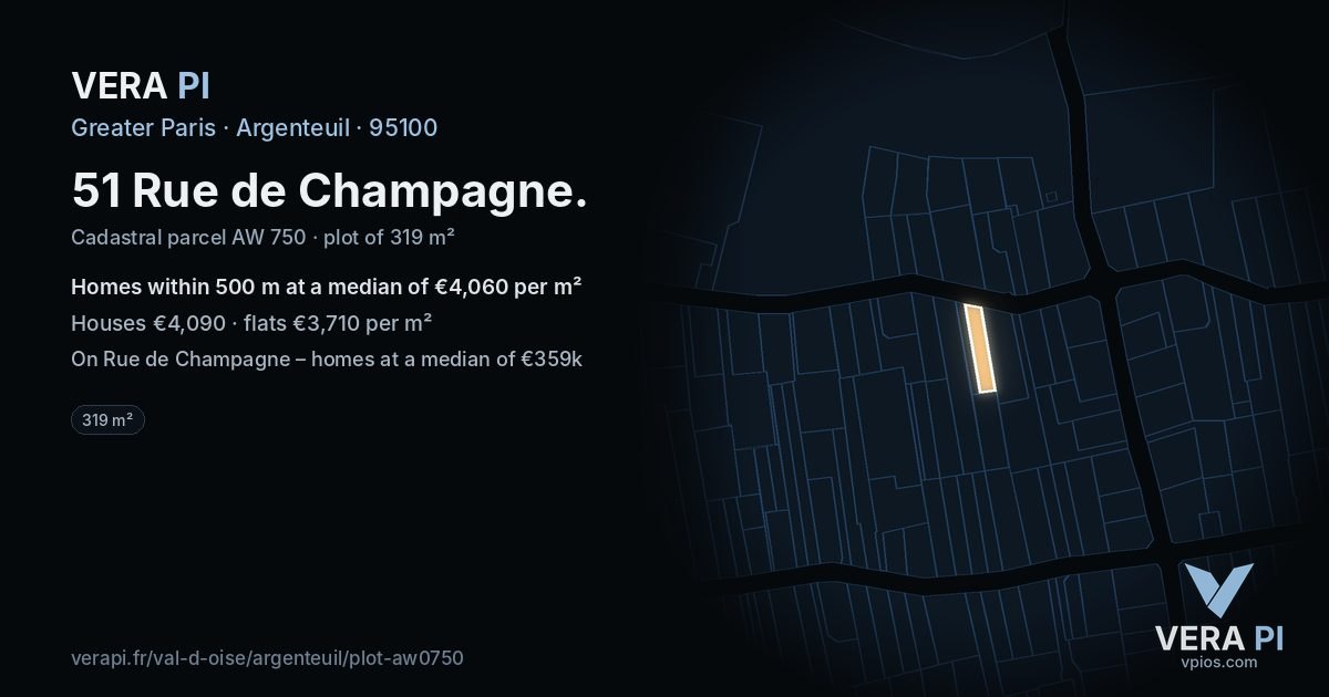 51 Rue de Champagne, Argenteuil at night – the plot lit, the parcels around coloured by the prices near them