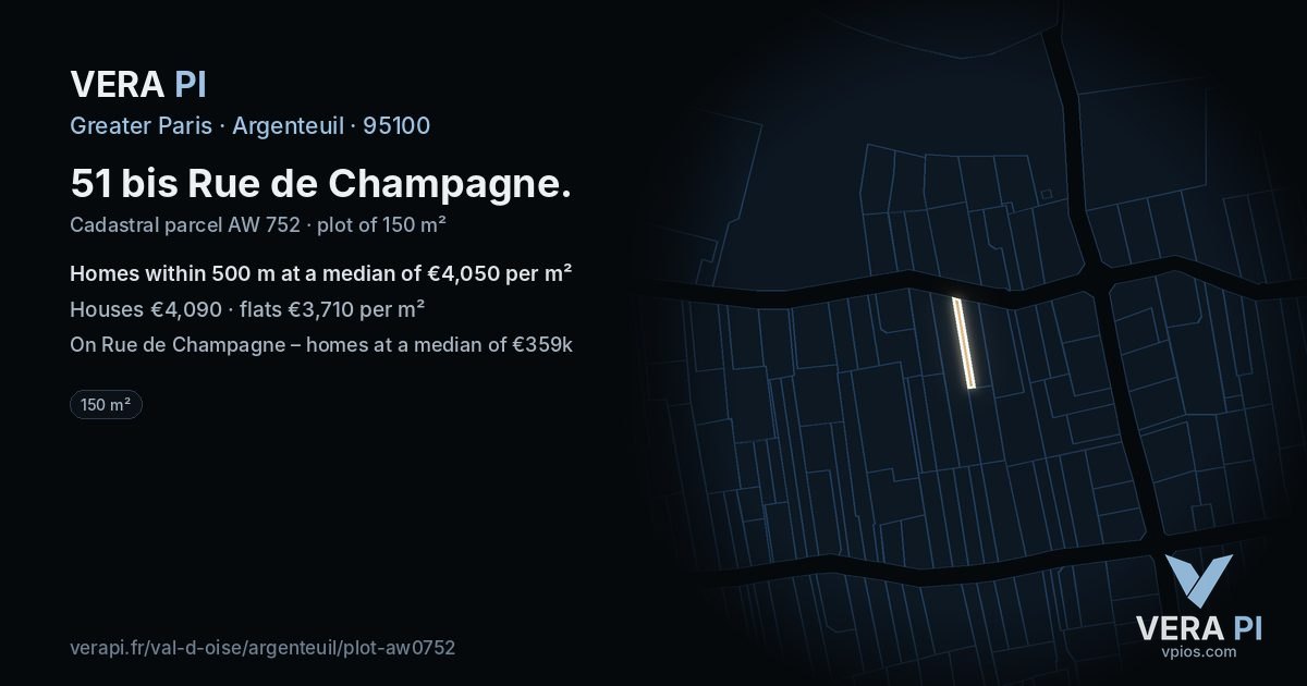 51 bis Rue de Champagne, Argenteuil at night – the plot lit, the parcels around coloured by the prices near them
