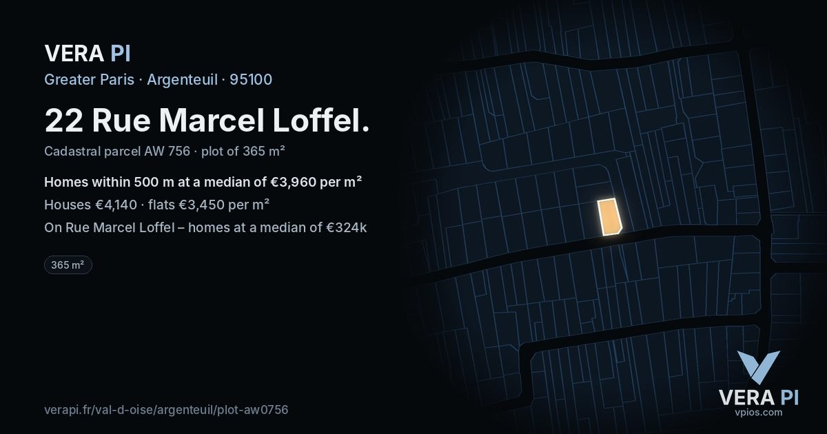 22 Rue Marcel Loffel, Argenteuil at night – the plot lit, the parcels around coloured by the prices near them