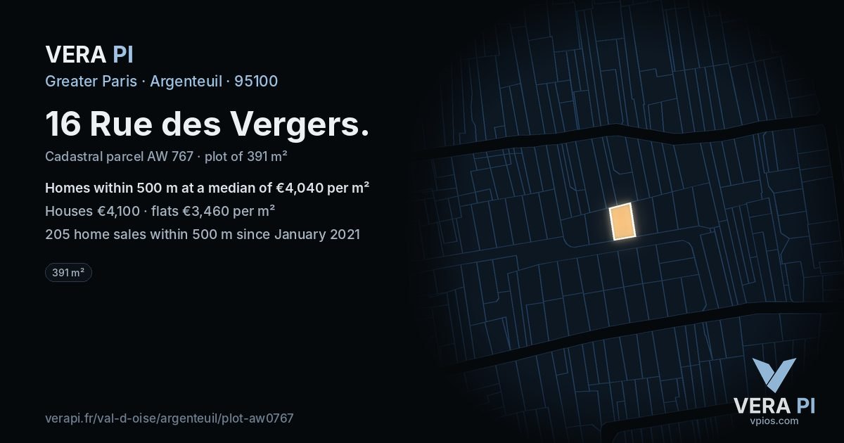 16 Rue des Vergers, Argenteuil at night – the plot lit, the parcels around coloured by the prices near them