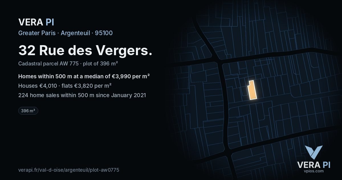 32 Rue des Vergers, Argenteuil at night – the plot lit, the parcels around coloured by the prices near them