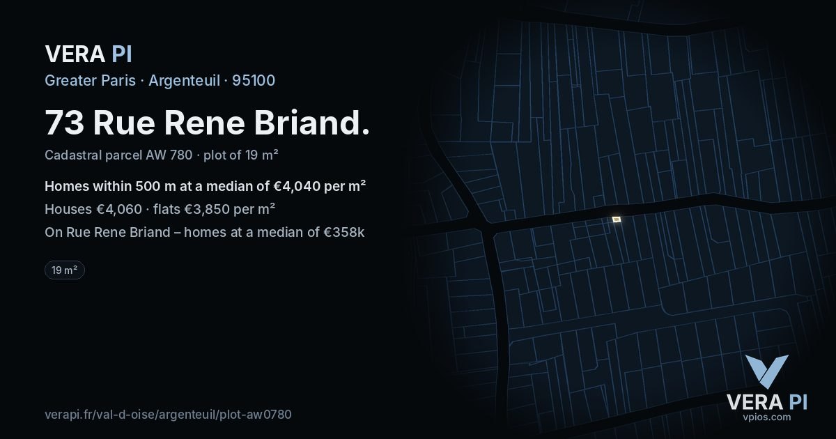73 Rue Rene Briand, Argenteuil at night – the plot lit, the parcels around coloured by the prices near them