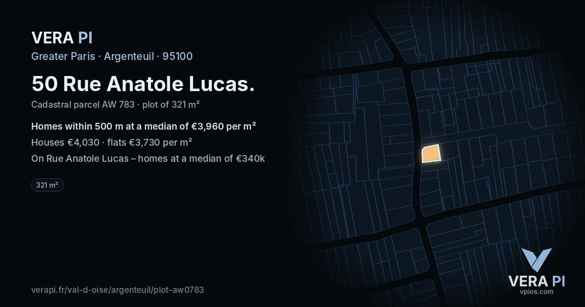 50 Rue Anatole Lucas, Argenteuil at night – the plot lit, the parcels around coloured by the prices near them