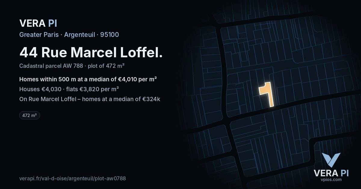 44 Rue Marcel Loffel, Argenteuil at night – the plot lit, the parcels around coloured by the prices near them