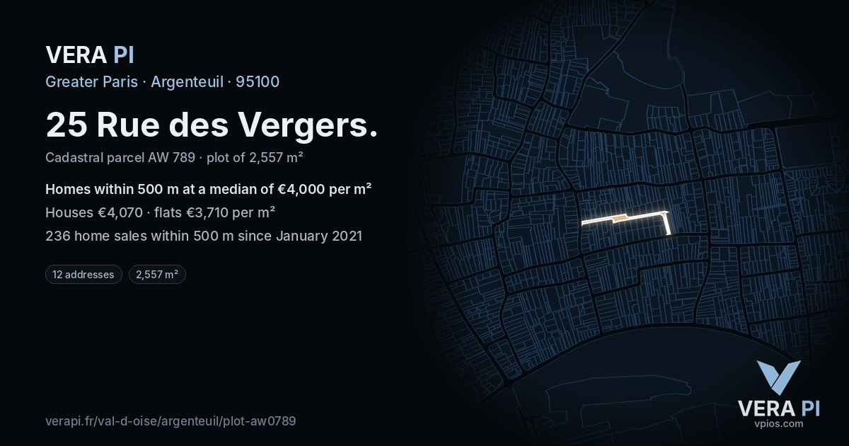 25 Rue des Vergers, Argenteuil at night – the plot lit, the parcels around coloured by the prices near them