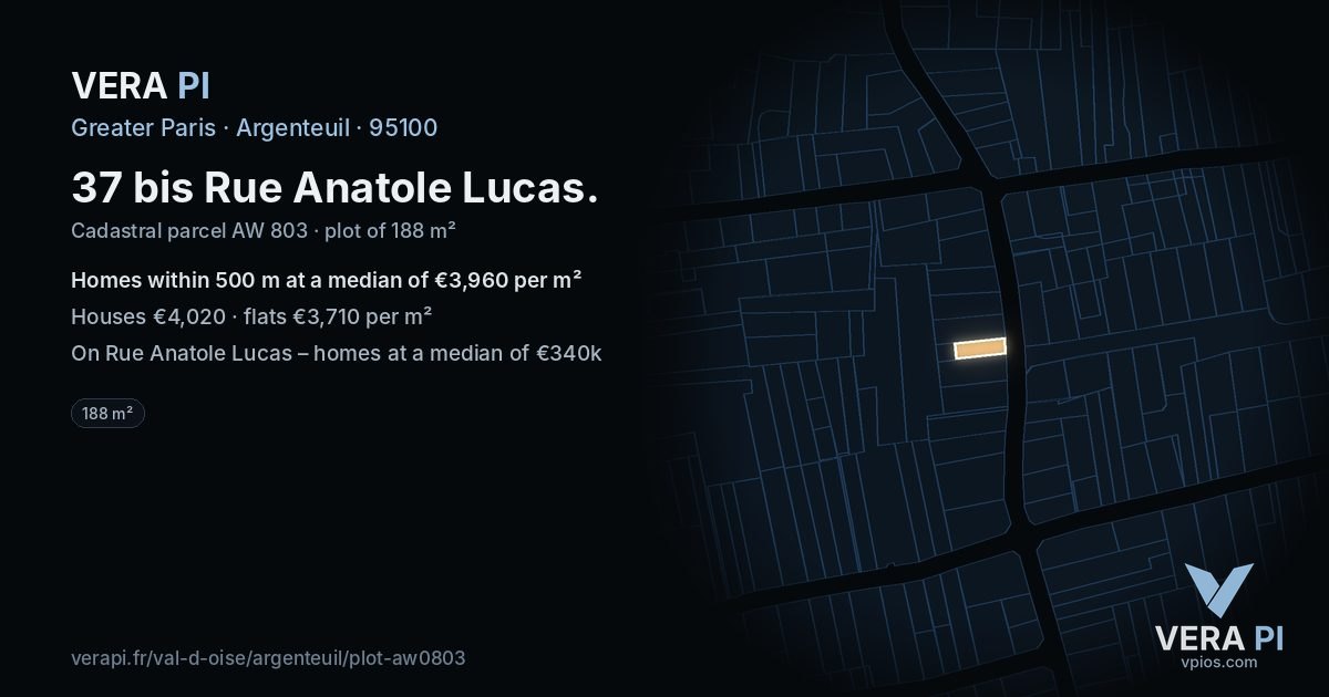 37 bis Rue Anatole Lucas, Argenteuil at night – the plot lit, the parcels around coloured by the prices near them