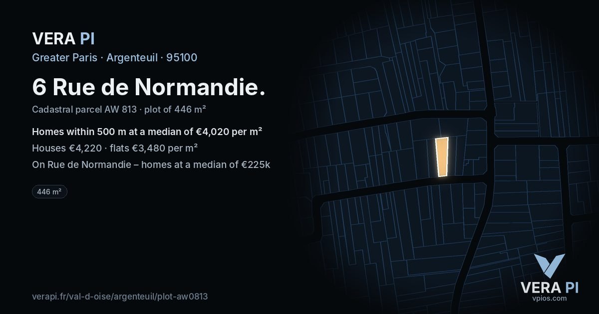 6 Rue de Normandie, Argenteuil at night – the plot lit, the parcels around coloured by the prices near them