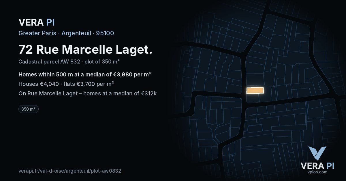 72 Rue Marcelle Laget, Argenteuil at night – the plot lit, the parcels around coloured by the prices near them