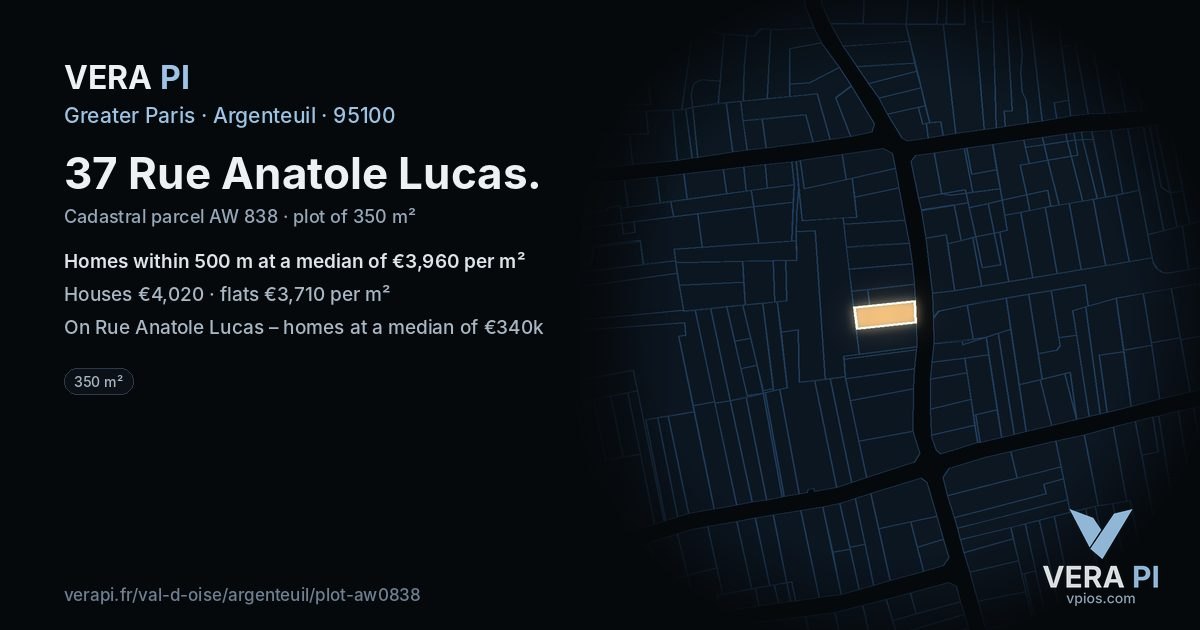 37 Rue Anatole Lucas, Argenteuil at night – the plot lit, the parcels around coloured by the prices near them