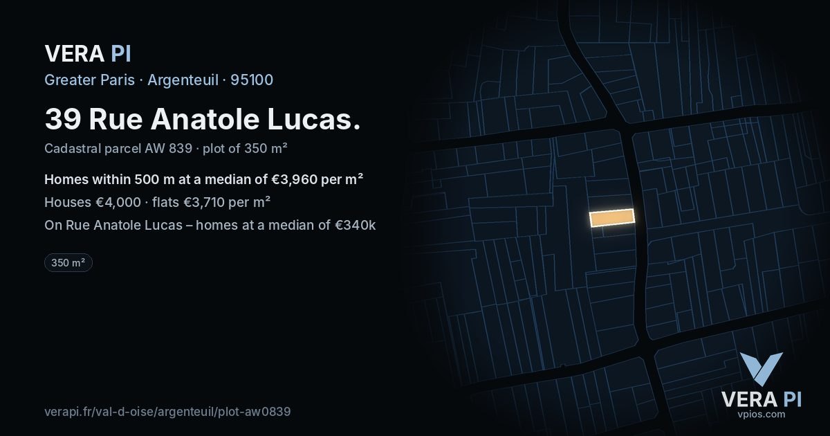 39 Rue Anatole Lucas, Argenteuil at night – the plot lit, the parcels around coloured by the prices near them