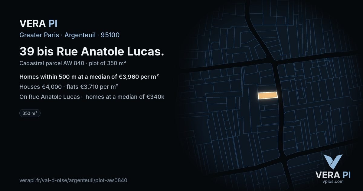 39 bis Rue Anatole Lucas, Argenteuil at night – the plot lit, the parcels around coloured by the prices near them
