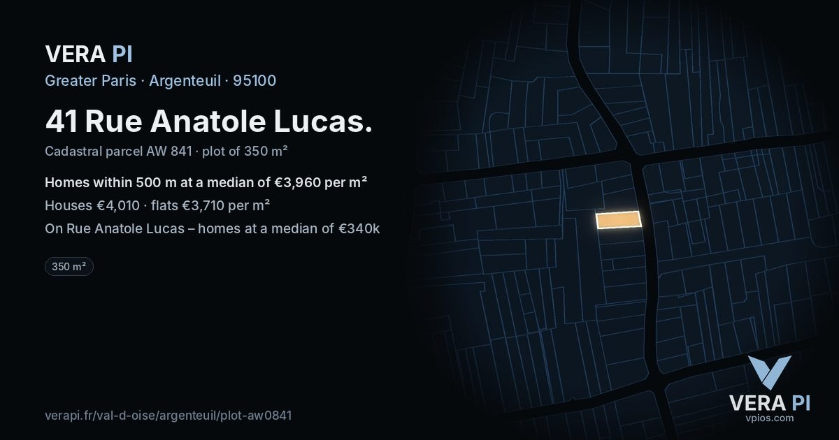 41 Rue Anatole Lucas, Argenteuil at night – the plot lit, the parcels around coloured by the prices near them