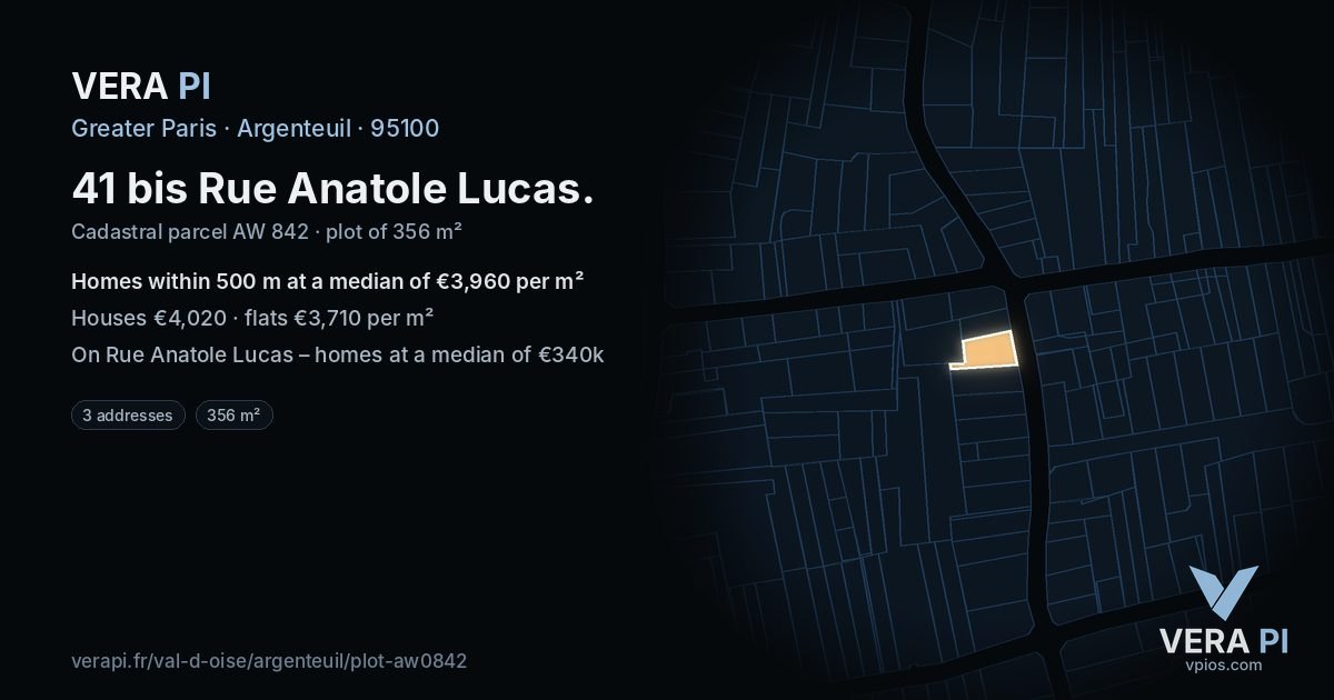 41 bis Rue Anatole Lucas, Argenteuil at night – the plot lit, the parcels around coloured by the prices near them