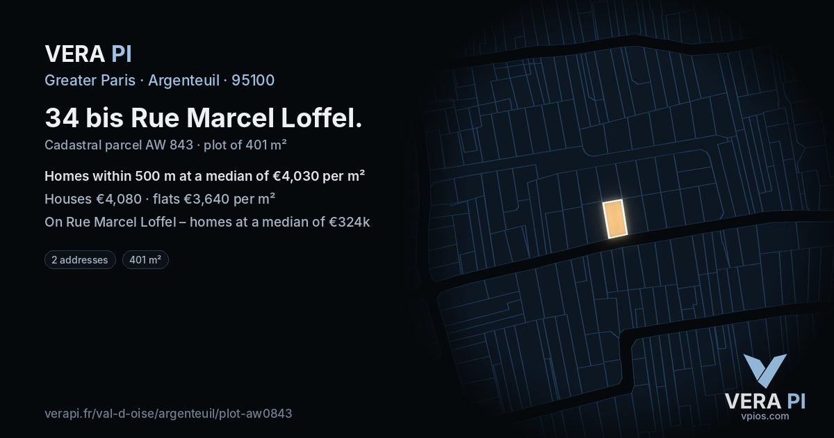 34 bis Rue Marcel Loffel, Argenteuil at night – the plot lit, the parcels around coloured by the prices near them