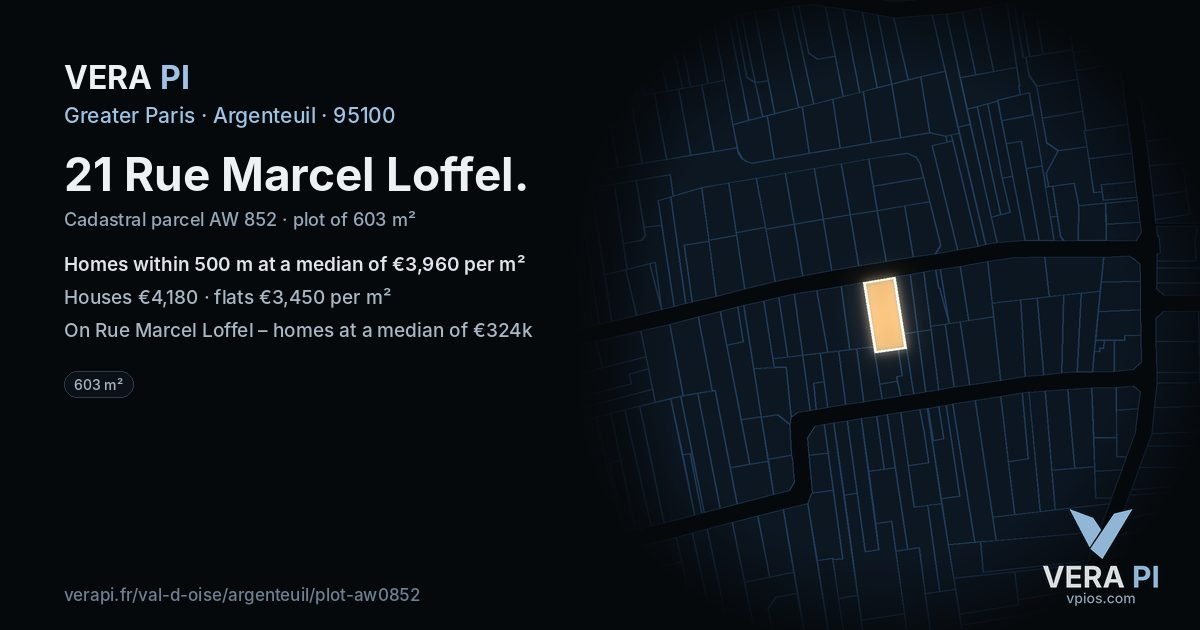 21 Rue Marcel Loffel, Argenteuil at night – the plot lit, the parcels around coloured by the prices near them