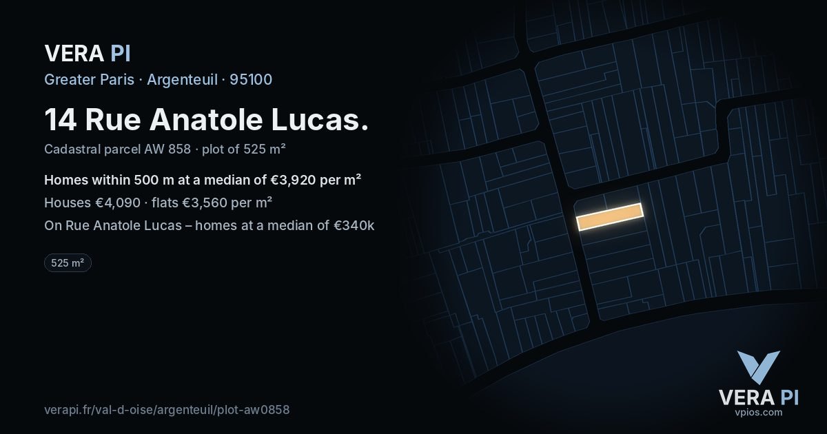 14 Rue Anatole Lucas, Argenteuil at night – the plot lit, the parcels around coloured by the prices near them
