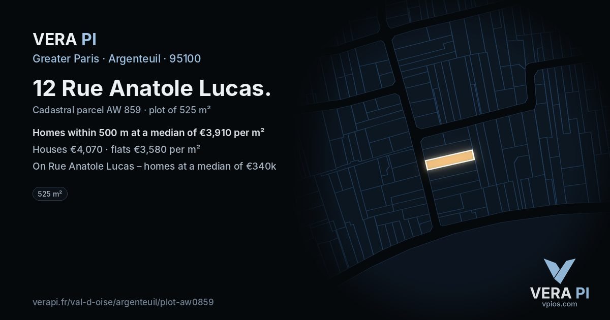 12 Rue Anatole Lucas, Argenteuil at night – the plot lit, the parcels around coloured by the prices near them